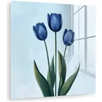 MuchoWow Glasschilderij 50x50 cm - Schilderij acrylglas - Tulpen - Blauw - Bladeren - Foto op glas - Muurdecoratie woonkamer - Wanddecoratie slaapkamer - Schilderijen