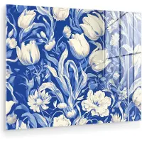 MuchoWow Glasschilderij 160x120 cm - Schilderij acrylglas - Bloemen - Delfts Blauw - Patroon - Tulp - Foto op glas - Muurdecoratie woonkamer - Wanddecoratie slaapkamer - Schilderijen