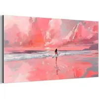 MuchoWow Aluminium schilderij 120x60 cm - Wanddecoratie metaal - Roze - Surfen - Zee - Metalen muurdecoratie woonkamer - Decoratie industrieel - Foto op dibond - Industriële accessoires slaapkamer