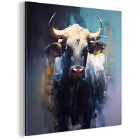 MuchoWow Aluminium schilderij 50x50 cm - Wanddecoratie metaal - Stier - Zwart - Abstract - Horens - Metalen muurdecoratie woonkamer - Decoratie industrieel - Foto op dibond - Industriële accessoires slaapkamer