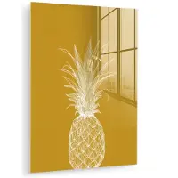MuchoWow Glasschilderij 90x120 cm - Schilderij acrylglas - Lijnillustratie - Ananas - Bladkroon - Okergeel - Foto op glas - Muurdecoratie woonkamer - Wanddecoratie slaapkamer - Schilderijen