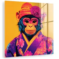 MuchoWow Glasschilderij 20x20 cm - Schilderij acrylglas - Aap - Kimono - Bloemen - Hoofdtooi - Foto op glas - Muurdecoratie woonkamer - Wanddecoratie slaapkamer - Schilderijen