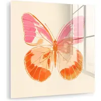 MuchoWow Glasschilderij 90x90 cm - Schilderij acrylglas - Oranje - Vlinder - Minimalistisch - Foto op glas - Muurdecoratie woonkamer - Wanddecoratie slaapkamer - Schilderijen