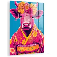 MuchoWow Glasschilderij 120x160 cm - Schilderij acrylglas - Koe - Bloemenkrans - Oorhangers - Kimono - Foto op glas - Muurdecoratie woonkamer - Wanddecoratie slaapkamer - Schilderijen