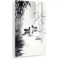 MuchoWow Glasschilderij 120x180 cm - Schilderij acrylglas - Eenden - Waterlelies - Riet - Zwart - Foto op glas - Muurdecoratie woonkamer - Wanddecoratie slaapkamer - Schilderijen