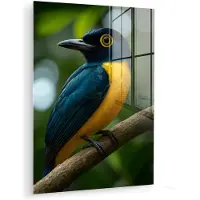 MuchoWow Glasschilderij 30x40 cm - Schilderij acrylglas - Vogel - Tak - Geel - Bladeren - Foto op glas - Muurdecoratie woonkamer - Wanddecoratie slaapkamer - Schilderijen
