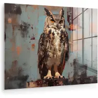 MuchoWow Glasschilderij 160x120 cm - Schilderij acrylglas - Geschilderd - Abstract - Uil - Bruin - Foto op glas - Muurdecoratie woonkamer - Wanddecoratie slaapkamer - Schilderijen