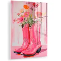 MuchoWow Glasschilderij 120x160 cm - Schilderij acrylglas - Roze - Bloemen - Cowboy - Foto op glas - Muurdecoratie woonkamer - Wanddecoratie slaapkamer - Schilderijen
