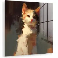 MuchoWow Glasschilderij 90x90 cm - Schilderij acrylglas - Kat - Geschilderd - Artistiek - Wit - Foto op glas - Muurdecoratie woonkamer - Wanddecoratie slaapkamer - Schilderijen