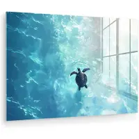 MuchoWow Glasschilderij 180x120 cm - Schilderij acrylglas - Schildpad - Zee - Blauw - Schittering - Foto op glas - Muurdecoratie woonkamer - Wanddecoratie slaapkamer - Schilderijen