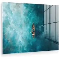 MuchoWow Glasschilderij 80x60 cm - Schilderij acrylglas - Bootje - Water - Blauw - Foto op glas - Muurdecoratie woonkamer - Wanddecoratie slaapkamer - Schilderijen