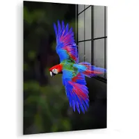 MuchoWow Glasschilderij 120x160 cm - Schilderij acrylglas - Felgekleurd - Papegaai - Bos - Vleugels - Foto op glas - Muurdecoratie woonkamer - Wanddecoratie slaapkamer - Schilderijen