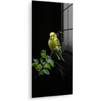 MuchoWow Glasschilderij 40x80 cm - Schilderij acrylglas - Parkiet - Tak - Bladeren - Geel - Foto op glas - Muurdecoratie woonkamer - Wanddecoratie slaapkamer - Schilderijen