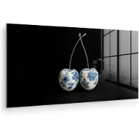 MuchoWow Glasschilderij 160x80 cm - Schilderij acrylglas - Kersen - Delfts blauw - Fruit - Foto op glas - Muurdecoratie woonkamer - Wanddecoratie slaapkamer - Schilderijen