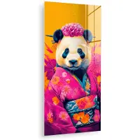 MuchoWow Glasschilderij 80x160 cm - Schilderij acrylglas - Kimono - Roze - Panda - Bloemenkroon - Foto op glas - Muurdecoratie woonkamer - Wanddecoratie slaapkamer - Schilderijen