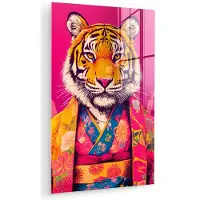 MuchoWow Glasschilderij 40x60 cm - Schilderij acrylglas - Tijger - Kimono - Planten - Roze - Foto op glas - Muurdecoratie woonkamer - Wanddecoratie slaapkamer - Schilderijen