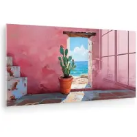 MuchoWow Glasschilderij 80x40 cm - Schilderij acrylglas - Zee - Roze - Cactus - Foto op glas - Muurdecoratie woonkamer - Wanddecoratie slaapkamer - Schilderijen