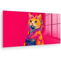 MuchoWow Glasschilderij 120x60 cm - Schilderij acrylglas - Kat - Kimono - Bloemen - Roze - Foto op glas - Muurdecoratie woonkamer - Wanddecoratie slaapkamer - Schilderijen