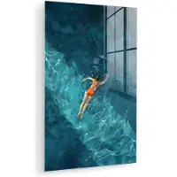 MuchoWow Glasschilderij 120x180 cm - Schilderij acrylglas - Vrouw - Water - Bikini - Oranje - Foto op glas - Muurdecoratie woonkamer - Wanddecoratie slaapkamer - Schilderijen