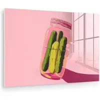 MuchoWow Glasschilderij 180x120 cm - Schilderij acrylglas - Augurken - Pot - Schaduw - Roze - Foto op glas - Muurdecoratie woonkamer - Wanddecoratie slaapkamer - Schilderijen