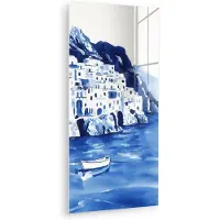 MuchoWow Glasschilderij 60x120 cm - Schilderij acrylglas - Dorp - Rotswand - Roeiboot - Water - Foto op glas - Muurdecoratie woonkamer - Wanddecoratie slaapkamer - Schilderijen