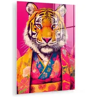 MuchoWow Glasschilderij 120x160 cm - Schilderij acrylglas - Tijger - Kimono - Planten - Roze - Foto op glas - Muurdecoratie woonkamer - Wanddecoratie slaapkamer - Schilderijen