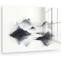 MuchoWow Glasschilderij 90x60 cm - Schilderij acrylglas - Bergen - Mistig - Water - Wit - Foto op glas - Muurdecoratie woonkamer - Wanddecoratie slaapkamer - Schilderijen