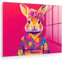 MuchoWow Glasschilderij 160x120 cm - Schilderij acrylglas - Konijn - Bloemen - Kleurrijk - Kimono - Foto op glas - Muurdecoratie woonkamer - Wanddecoratie slaapkamer - Schilderijen