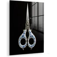 MuchoWow Glasschilderij 60x80 cm - Schilderij acrylglas - Schaar - Delfts blauw - Zwart - Foto op glas - Muurdecoratie woonkamer - Wanddecoratie slaapkamer - Schilderijen