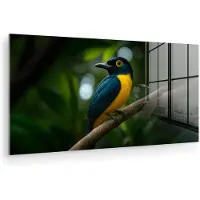 MuchoWow Glasschilderij 40x20 cm - Schilderij acrylglas - Vogel - Tak - Geel - Bladeren - Foto op glas - Muurdecoratie woonkamer - Wanddecoratie slaapkamer - Schilderijen