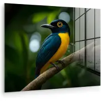 MuchoWow Glasschilderij 160x120 cm - Schilderij acrylglas - Vogel - Tak - Geel - Bladeren - Foto op glas - Muurdecoratie woonkamer - Wanddecoratie slaapkamer - Schilderijen