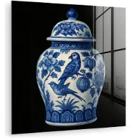 MuchoWow Glasschilderij 50x50 cm - Schilderij acrylglas - Pot - Delfts Blauw - Bloemen - Foto op glas - Muurdecoratie woonkamer - Wanddecoratie slaapkamer - Schilderijen