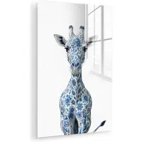 MuchoWow Glasschilderij 100x150 cm - Schilderij acrylglas - Giraffe - Delfts blauw - Dieren - Minimalistisch - Foto op glas - Muurdecoratie woonkamer - Wanddecoratie slaapkamer - Schilderijen