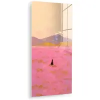 MuchoWow Glasschilderij 60x120 cm - Schilderij acrylglas - Bloemenweide - Heuvels - Silhouet - Roze - Foto op glas - Muurdecoratie woonkamer - Wanddecoratie slaapkamer - Schilderijen