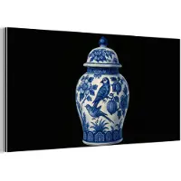 MuchoWow Aluminium schilderij 40x20 cm - Wanddecoratie metaal - Pot - Delfts Blauw - Bloemen - Metalen muurdecoratie woonkamer - Decoratie industrieel - Foto op dibond - Industriële accessoires slaapkamer