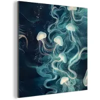 MuchoWow Aluminium schilderij 90x90 cm - Wanddecoratie metaal - Kwallen - Zee - Wit - Golven - Metalen muurdecoratie woonkamer - Decoratie industrieel - Foto op dibond - Industriële accessoires slaapkamer