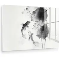 MuchoWow Glasschilderij 150x100 cm - Schilderij acrylglas - Lotusbloemen - Vissen - Bladeren - Zwart - Foto op glas - Muurdecoratie woonkamer - Wanddecoratie slaapkamer - Schilderijen