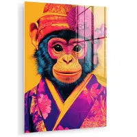 MuchoWow Glasschilderij 90x120 cm - Schilderij acrylglas - Aap - Kimono - Bloemen - Hoofdtooi - Foto op glas - Muurdecoratie woonkamer - Wanddecoratie slaapkamer - Schilderijen