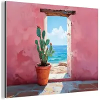 MuchoWow Aluminium schilderij 80x60 cm - Wanddecoratie metaal - Zee - Roze - Cactus - Metalen muurdecoratie woonkamer - Decoratie industrieel - Foto op dibond - Industriële accessoires slaapkamer