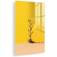 MuchoWow Glasschilderij 80x120 cm - Schilderij acrylglas - Zand - Plant - Geel - Minimalitisch - Foto op glas - Muurdecoratie woonkamer - Wanddecoratie slaapkamer - Schilderijen