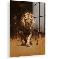 MuchoWow Glasschilderij 60x80 cm - Schilderij acrylglas - Leeuw - Geschilderd - Abstract - Goud - Foto op glas - Muurdecoratie woonkamer - Wanddecoratie slaapkamer - Schilderijen