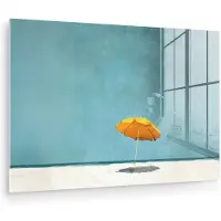 MuchoWow Glasschilderij 180x120 cm - Schilderij acrylglas - Parasol - Geel - Strand - Zee - Foto op glas - Muurdecoratie woonkamer - Wanddecoratie slaapkamer - Schilderijen
