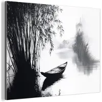 MuchoWow Aluminium schilderij 80x60 cm - Wanddecoratie metaal - Boot - Rivier - Bamboe - Wit - Metalen muurdecoratie woonkamer - Decoratie industrieel - Foto op dibond - Industriële accessoires slaapkamer