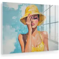 MuchoWow Glasschilderij 160x120 cm - Schilderij acrylglas - Schilderij - Vrouw - Hoed - Geel - Foto op glas - Muurdecoratie woonkamer - Wanddecoratie slaapkamer - Schilderijen