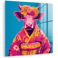 MuchoWow Glasschilderij 50x50 cm - Schilderij acrylglas - Koe - Bloemenkrans - Oorhangers - Kimono - Foto op glas - Muurdecoratie woonkamer - Wanddecoratie slaapkamer - Schilderijen