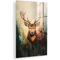 MuchoWow Glasschilderij 20x30 cm - Schilderij acrylglas - Hert - Geverfd - Gewei - Bruin - Foto op glas - Muurdecoratie woonkamer - Wanddecoratie slaapkamer - Schilderijen