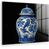 MuchoWow Glasschilderij 40x30 cm - Schilderij acrylglas - Pot - Delfts Blauw - Bloemen - Foto op glas - Muurdecoratie woonkamer - Wanddecoratie slaapkamer - Schilderijen