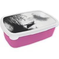 MuchoWow Broodtrommel Roze - Lunchbox Boot - Rivier - Bamboe - Wit - Brooddoos 18x12x6 cm - Brood lunch box - Broodtrommels voor kinderen en volwassenen