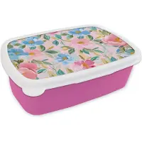 MuchoWow Broodtrommel Roze - Lunchbox Blauw - Roze - Bloemen - Brooddoos 18x12x6 cm - Brood lunch box - Broodtrommels voor kinderen en volwassenen