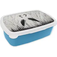 MuchoWow Broodtrommel Blauw - Lunchbox Kraanvogels - Gras - Hartvorm - Zwart - Brooddoos 18x12x6 cm - Brood lunch box - Broodtrommels voor kinderen en volwassenen